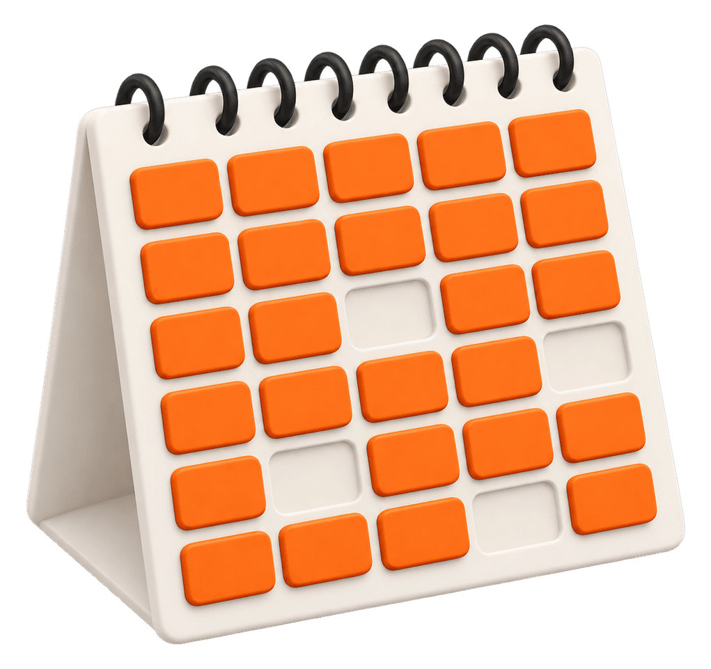 Desk calendar with nearly every slot filled in orange